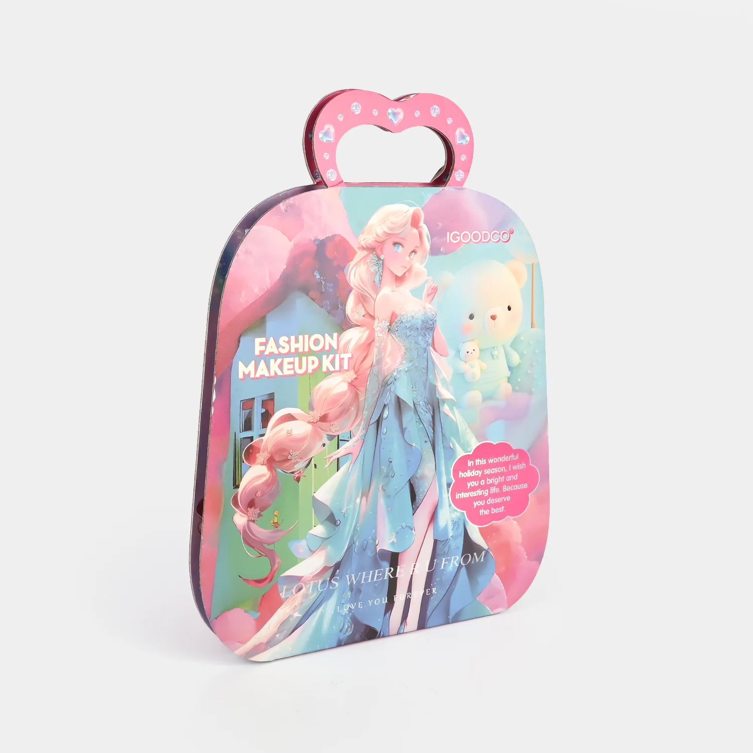 Deluxe Makeup Vanity Case for Girls side view - heart handle carry case