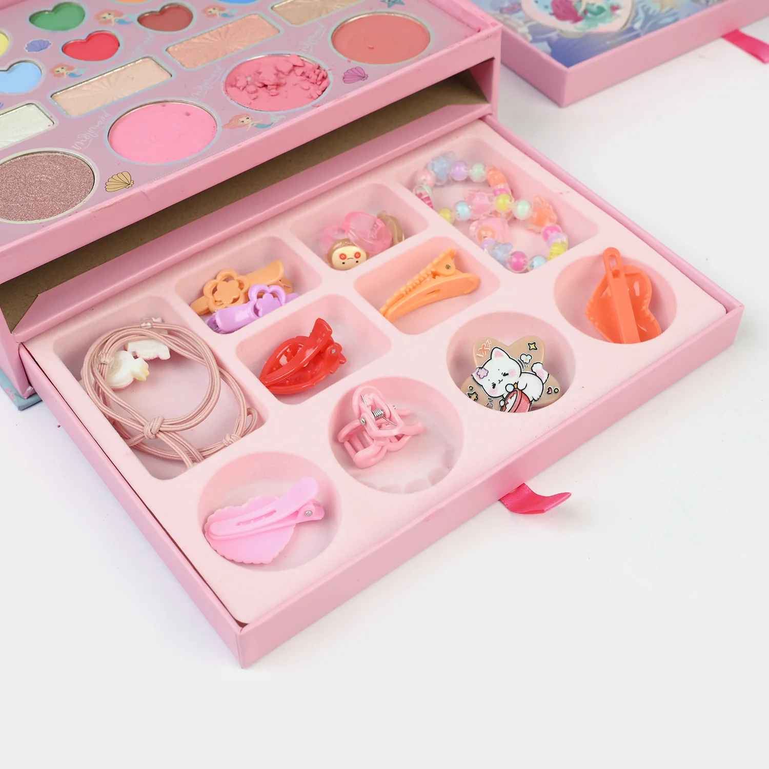Deluxe Mermaid Beauty & Jewellery Box open view - makeup tray and pull-out jewellery drawer