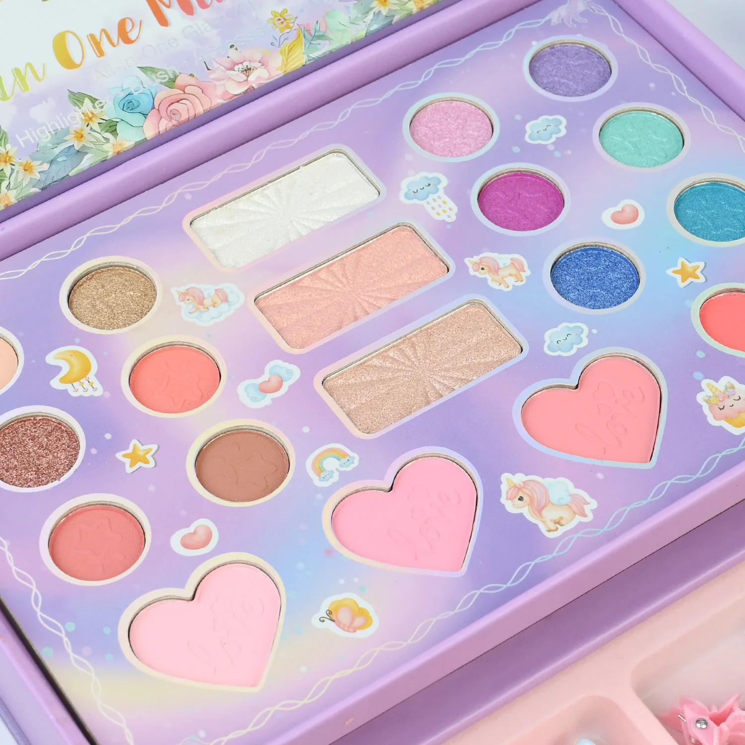 Deluxe Unicorn Beauty & Jewellery Box open view - makeup tray and pull-out jewellery drawer