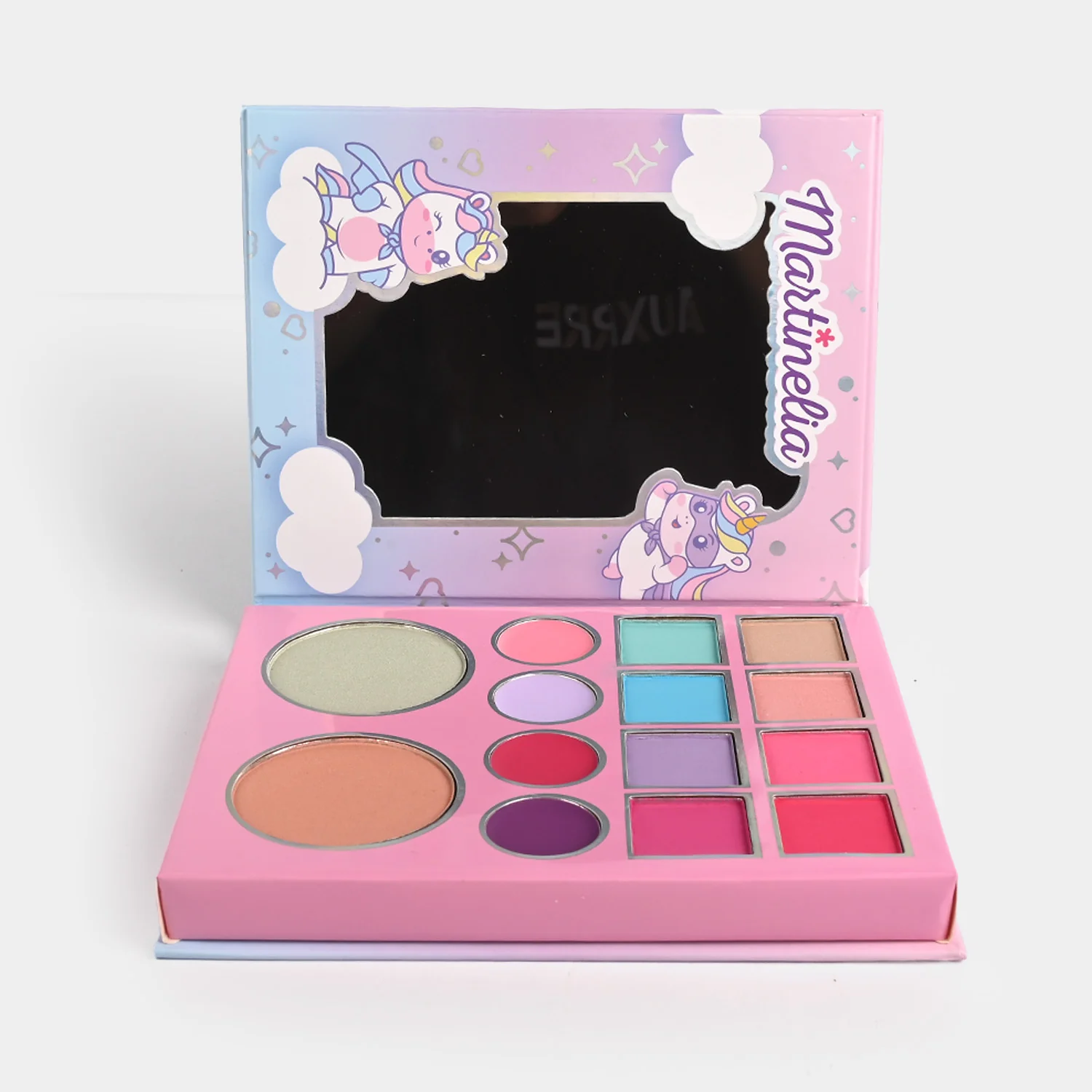 Deluxe Unicorn Eyeshadow & Blush Palette open view - eyeshadows, blushes, lip colours and mirror