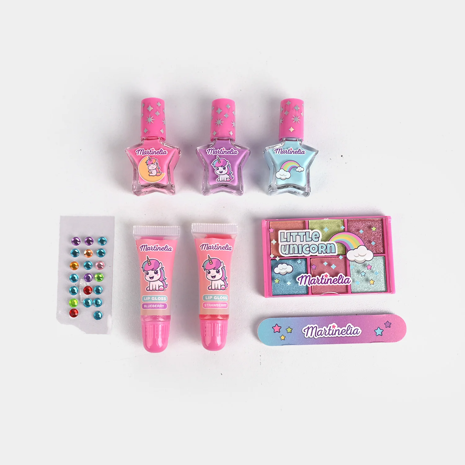 Deluxe Unicorn Nail & Lip Gloss Beauty Set open view - nail polishes, lip glosses, palette and gems
