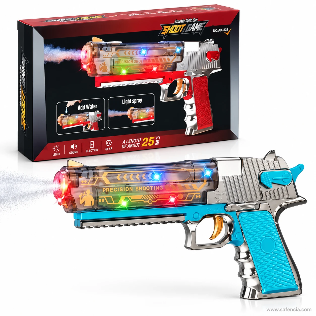 Teal and silver Desert Eagle light and sound toy gun lying in front of its black and red Shoot Game box