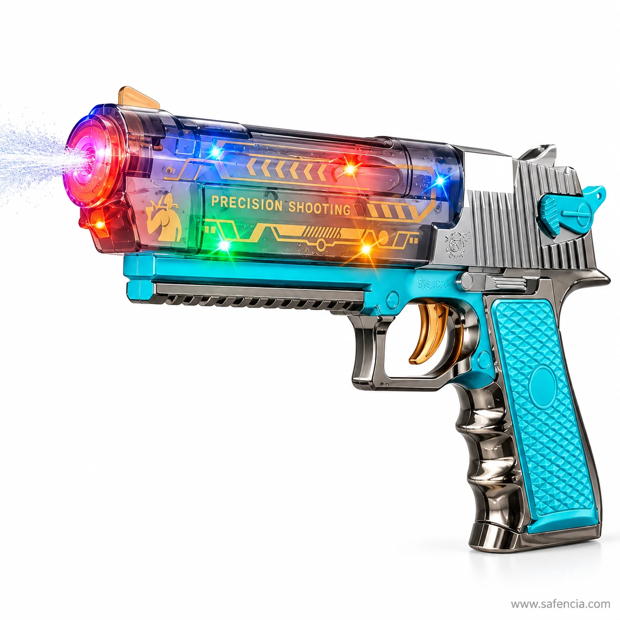 Close view of the Desert Eagle toy pistol's clear slide printed Precision Shooting, lit red, green and blue, mist at the muzzle