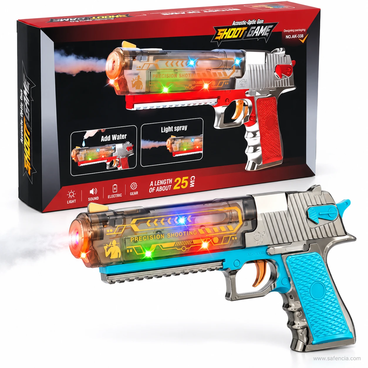 Shoot Game acoustic-optic gun box showing add water and light spray panels, with the teal Desert Eagle toy gun in front