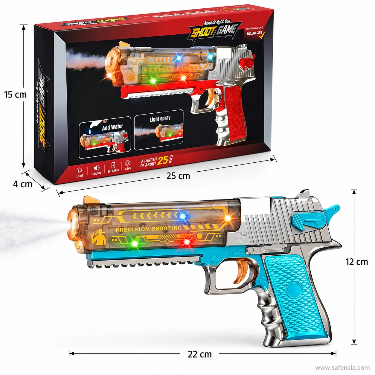 Desert Eagle toy gun size guide: pistol 22 cm long and 12 cm high, box 25 by 15 by 4 cm