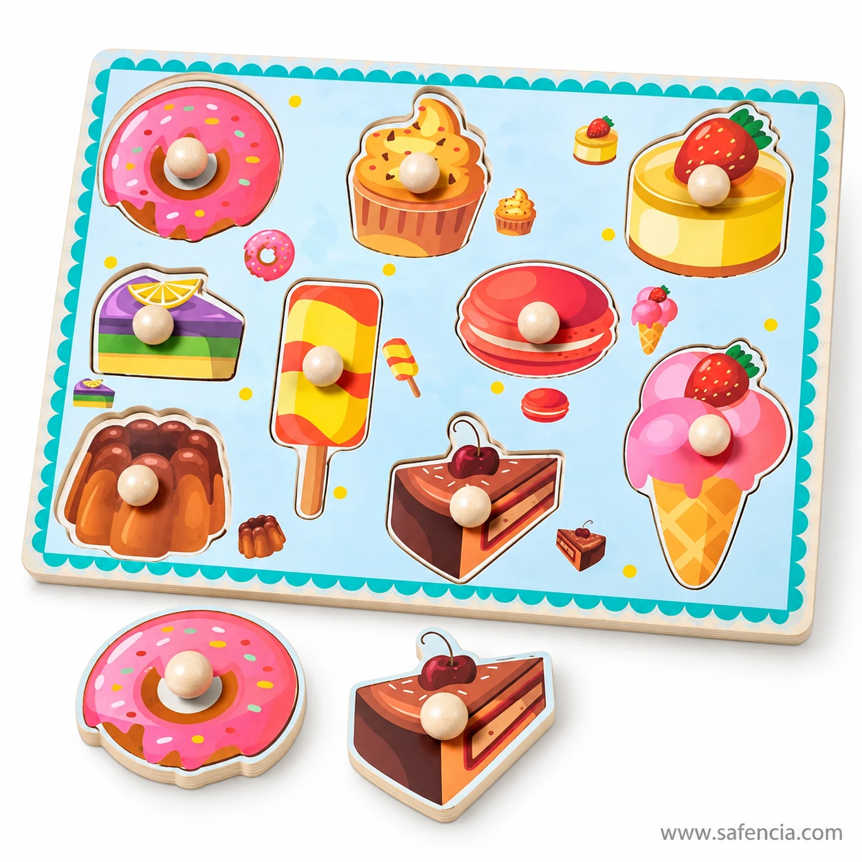 Desserts wooden puzzle board with the donut and chocolate cake slice pieces placed in front