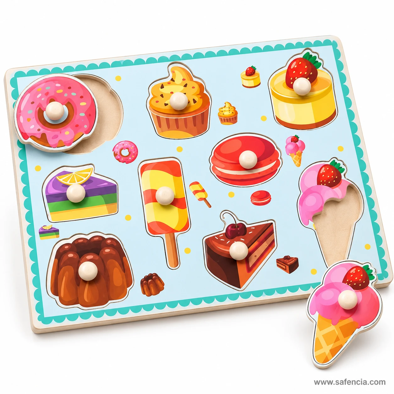Angled desserts peg puzzle with the ice cream cone piece lifted beside the board