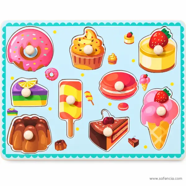 Desserts Wooden Peg Puzzle Board (9 Sweet Treats with Knobs)