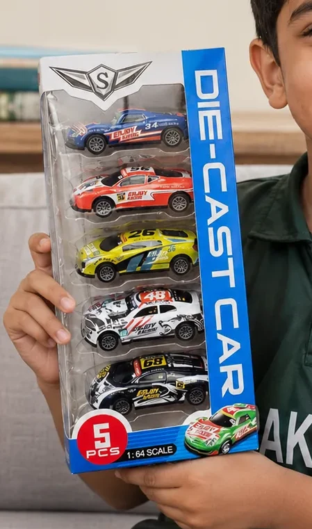 Die-cast race car set retail box showing five pull back cars and 1:64 scale marking