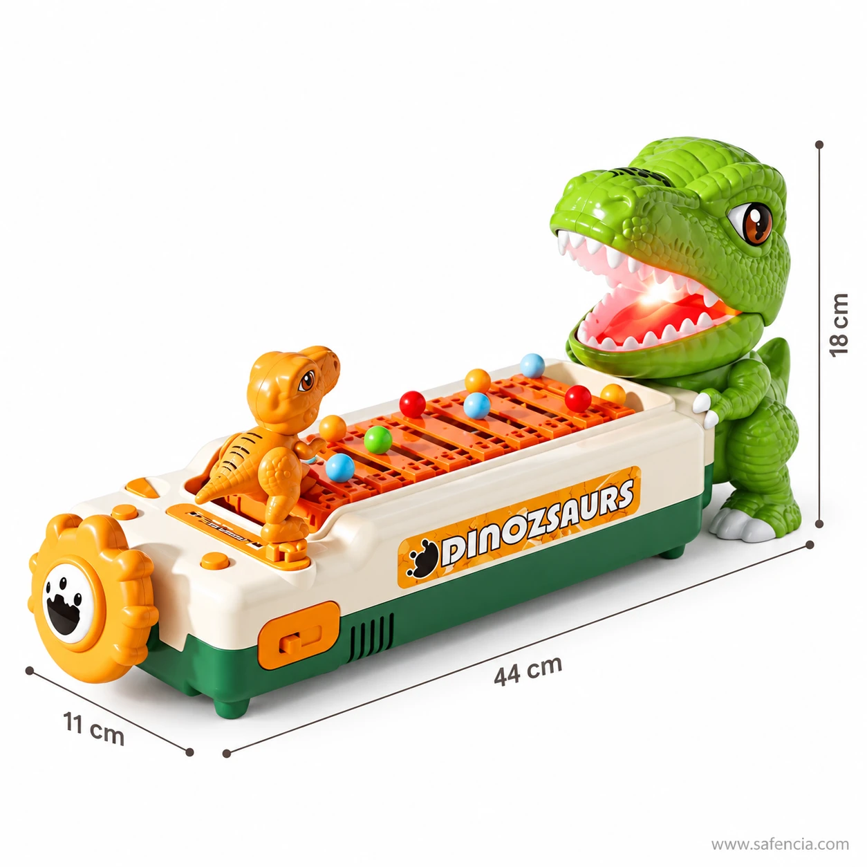Dinosaur obstacle avoidance game size diagram showing 44 cm length, 18 cm height and 11 cm depth