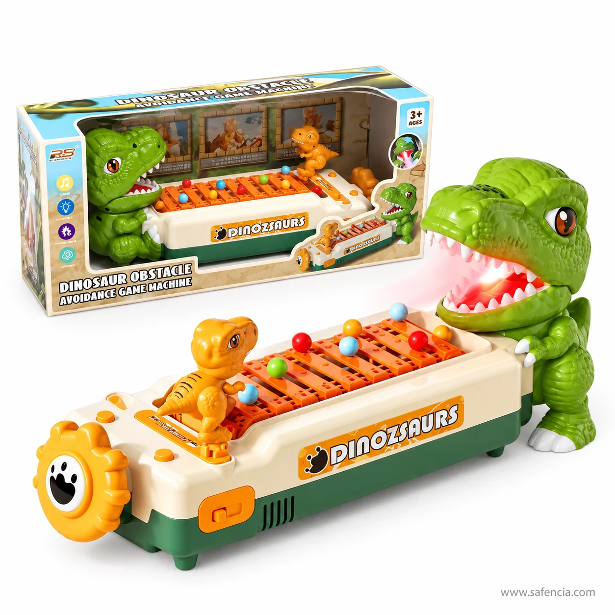Dinosaur obstacle avoidance game machine beside its window display box with ages 3 plus label