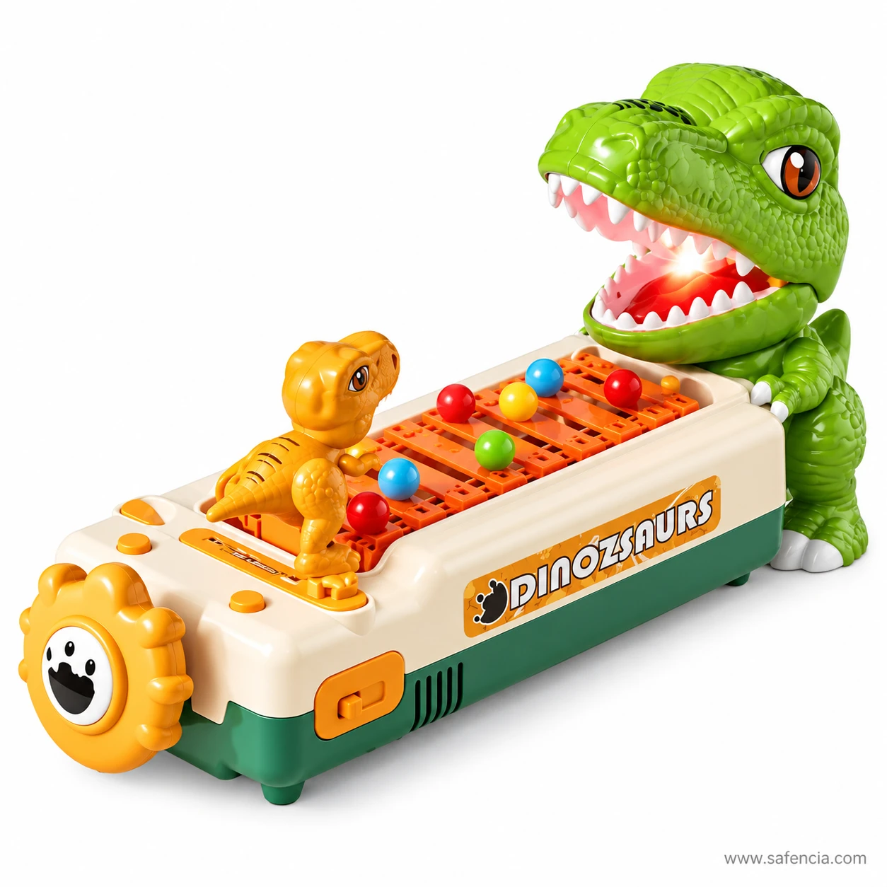 Close view of the dinosaur obstacle game track with orange dinosaur figure and coloured balls