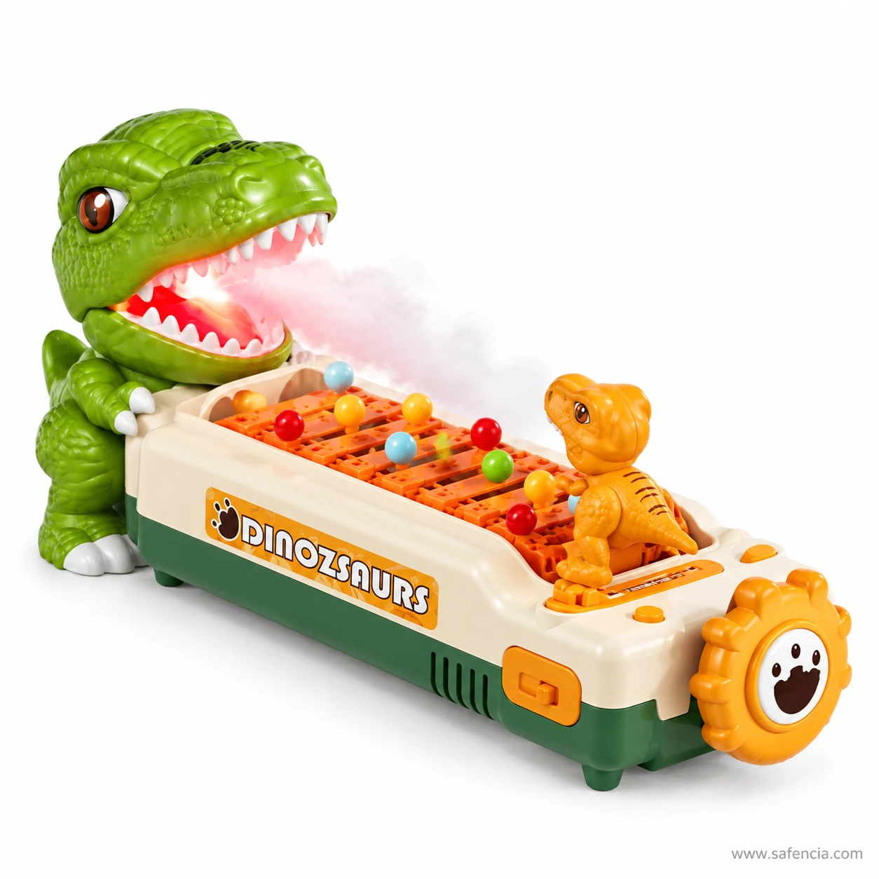 Dinosaur obstacle game T-rex breathing a smoke plume from its lit red mouth over the ball track