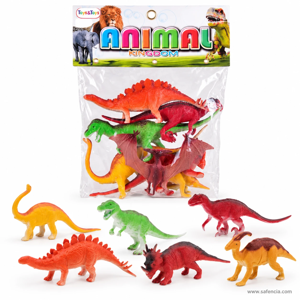 Dinosaur toys bag with an Animal Kingdom header card, with yellow, green and red dinosaur figures laid out in front