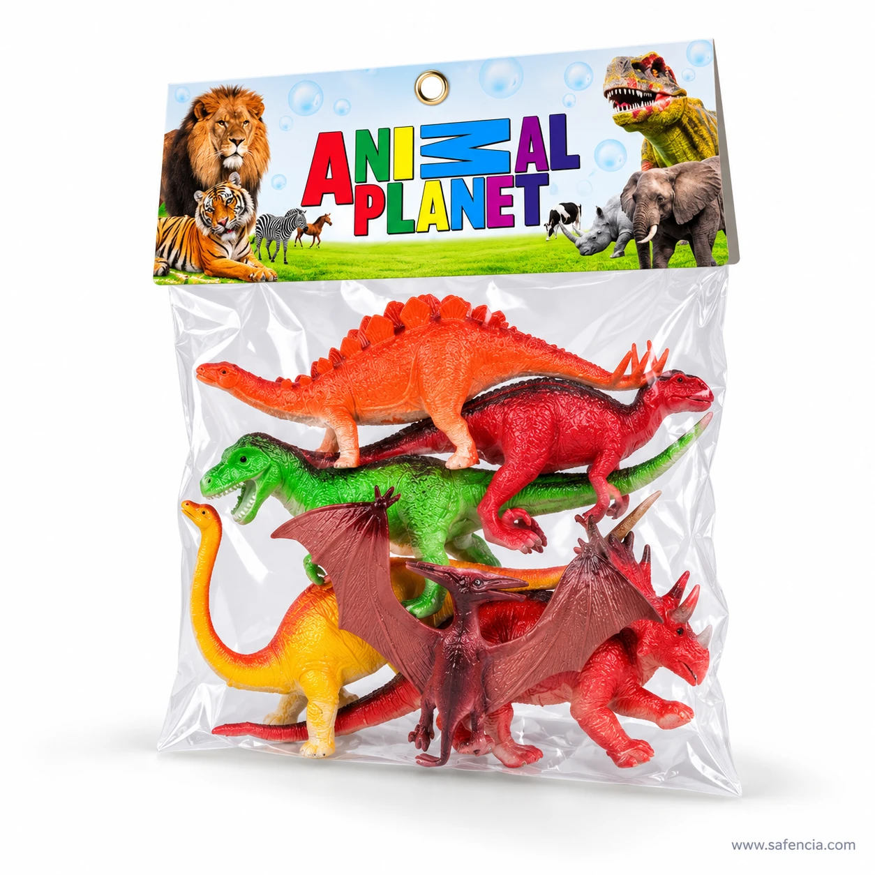 Front view of the dinosaur toys bag with its lion, tiger and T. rex header card and the dinosaurs stacked inside
