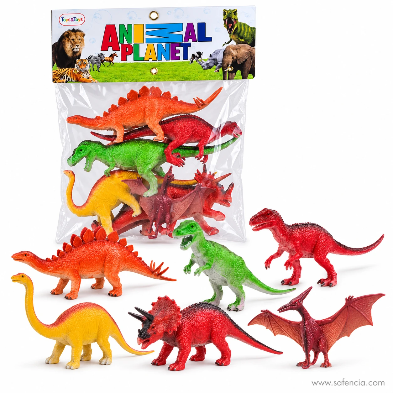 Six plastic dinosaurs in front of their bag: orange stegosaurus, green T. rex, red meat-eater, yellow long-neck, red horned dinosaur, pterosaur