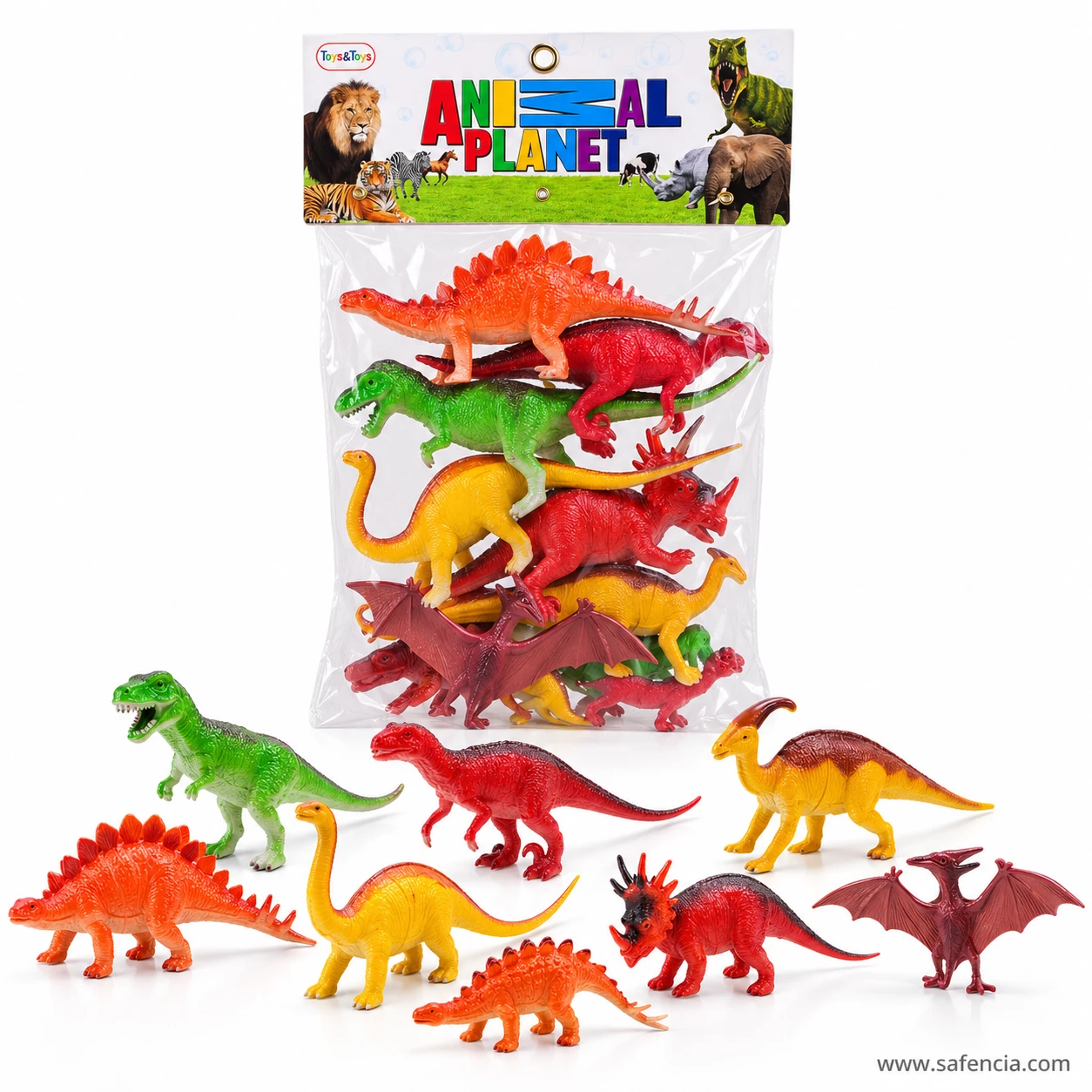 Plastic dinosaur figures laid out: green T. rex, red meat-eater, yellow parasaurolophus, stegosaurus, long-neck, horned dinosaur and pterosaur