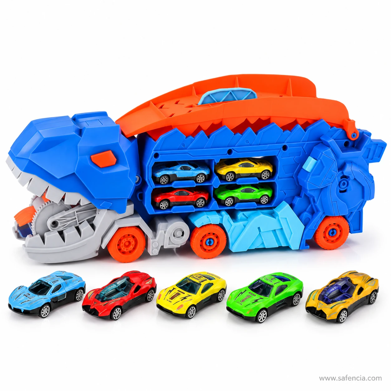 Side view of the dinosaur transport truck showing six car bays filled with coloured die-cast cars