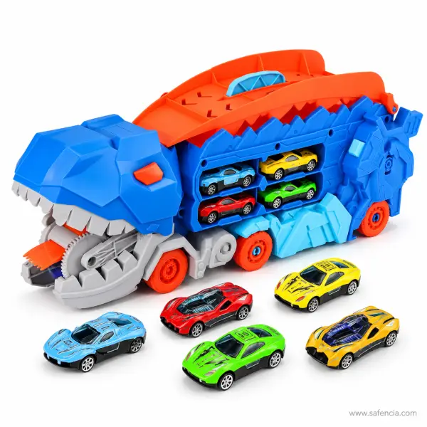 Dinosaur Transport Truck Car Carrier with Fold-Out Racing Ramp