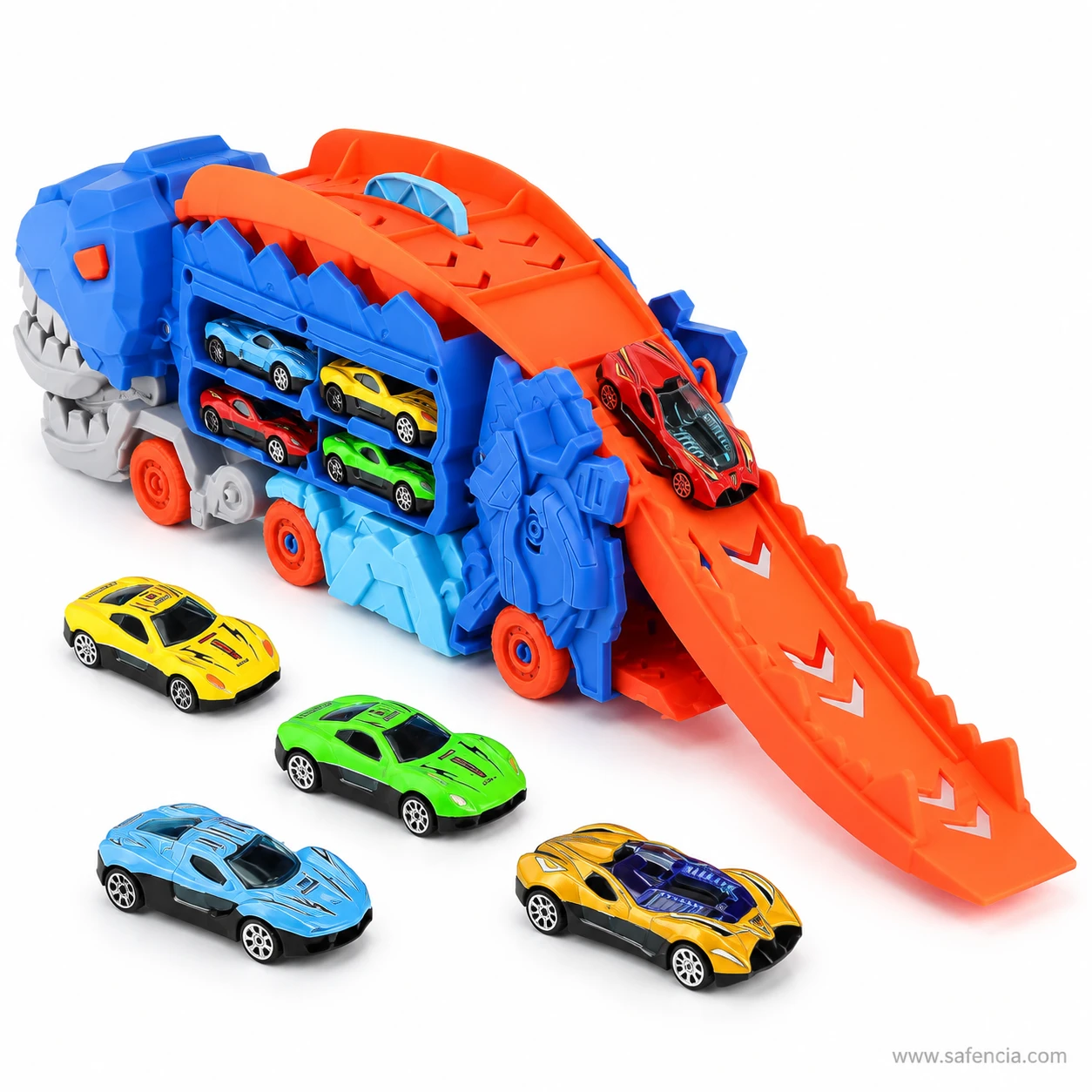 Fold-out racing ramp extending from the back of the dinosaur car carrier with arrows printed along its surface