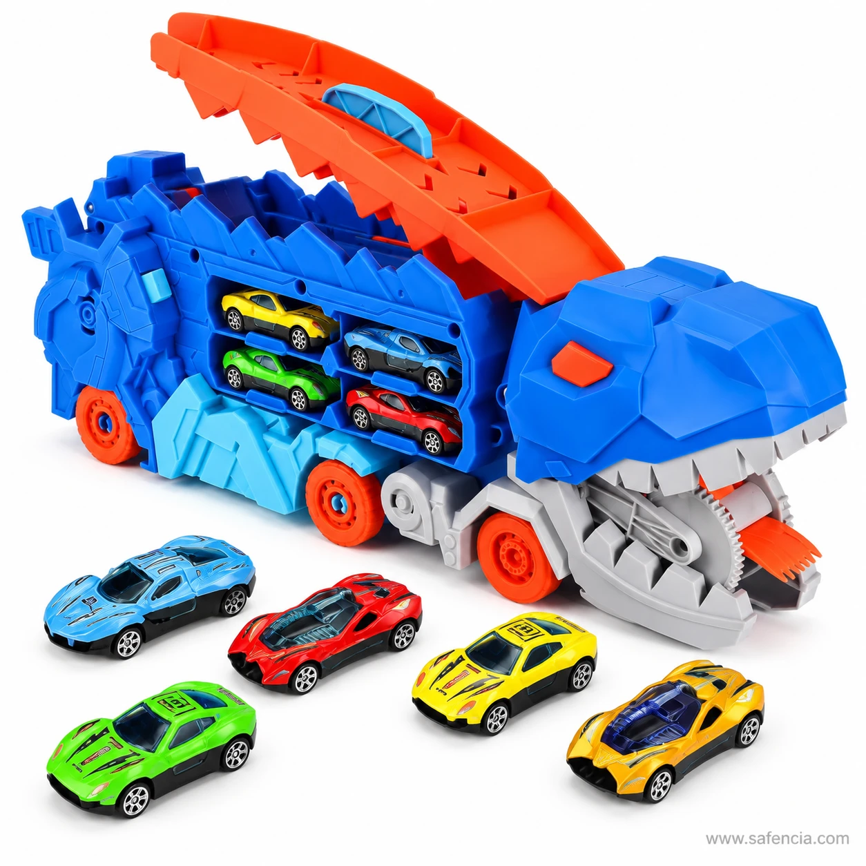 Full view of the dinosaur transport truck loaded with cars and five more die-cast cars laid out in front