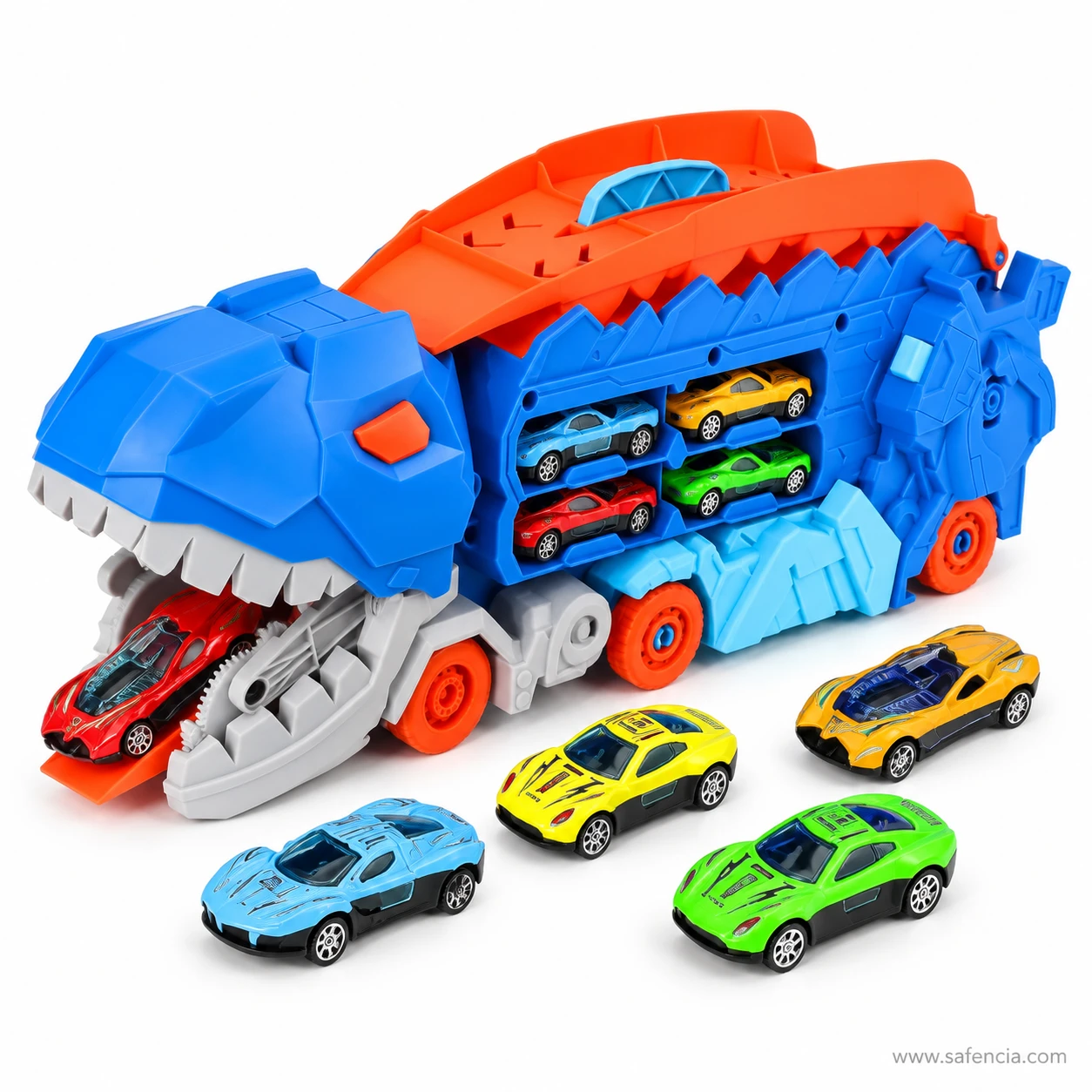 Dinosaur car carrier with its grey jaw open and a red die-cast car sitting between the teeth