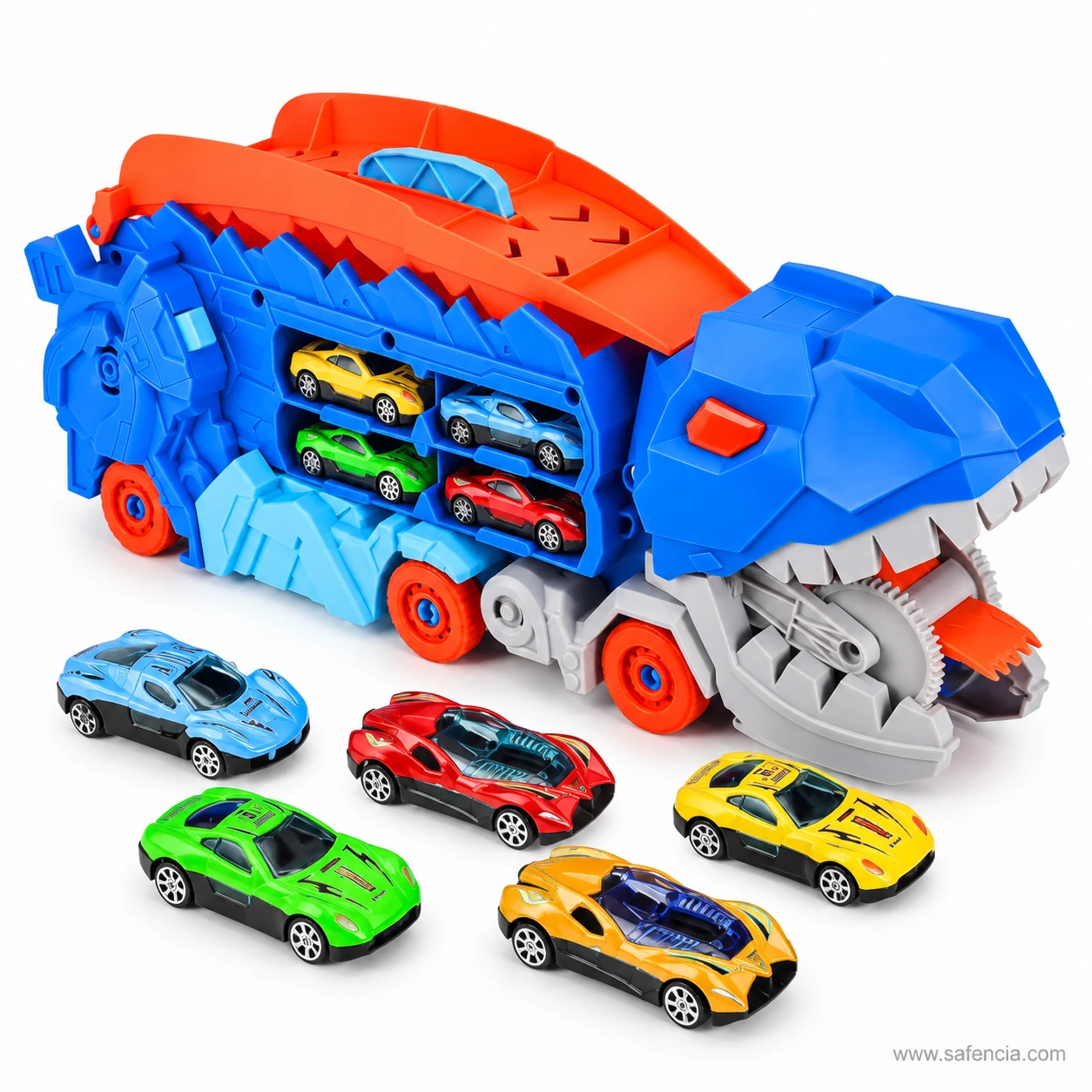 Opposite side of the dinosaur transport truck with the head facing right and cars lined up below it
