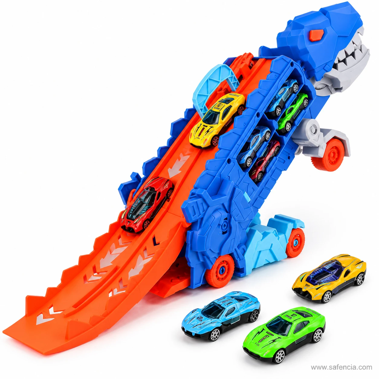 Dinosaur transport truck standing upright as a T-Rex with its orange racing ramp folded out to the floor