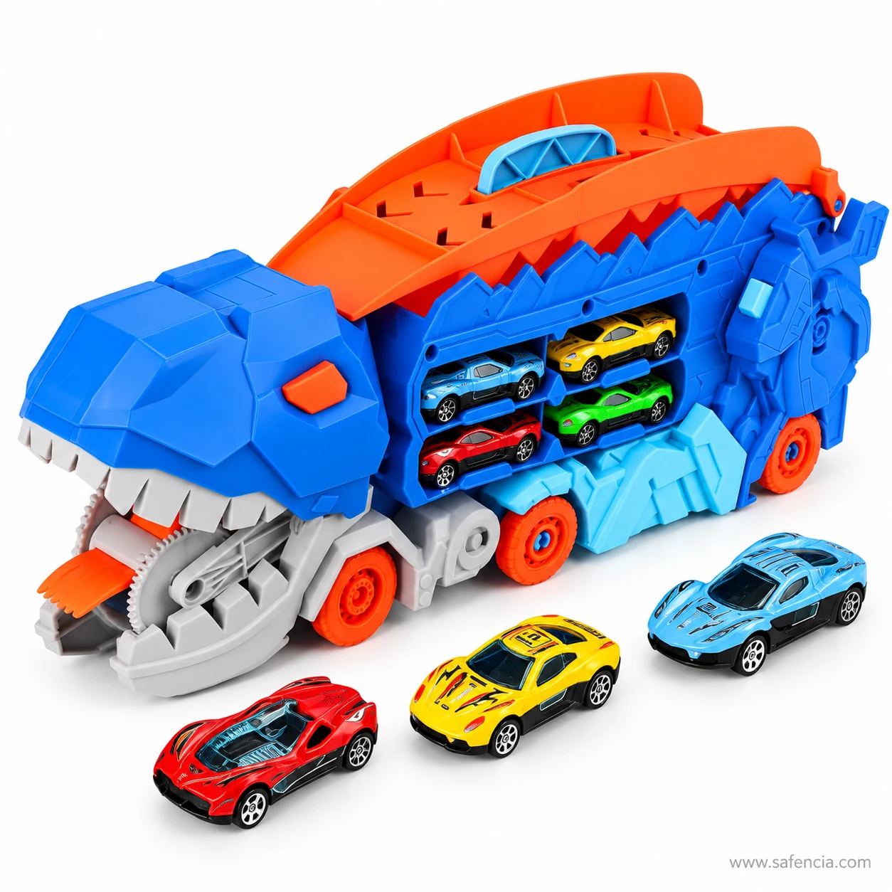 Dinosaur carrier truck with three die-cast cars in front of it in red, yellow and blue