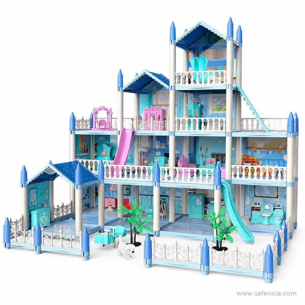 DIY Dollhouse Villa Set for Kids in Blue with Slides and Furniture