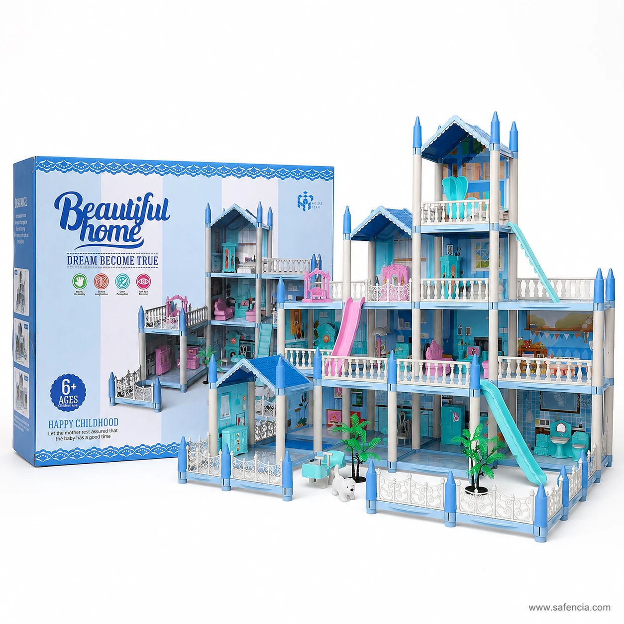 Blue dollhouse villa box standing beside the fully built house to show the finished size