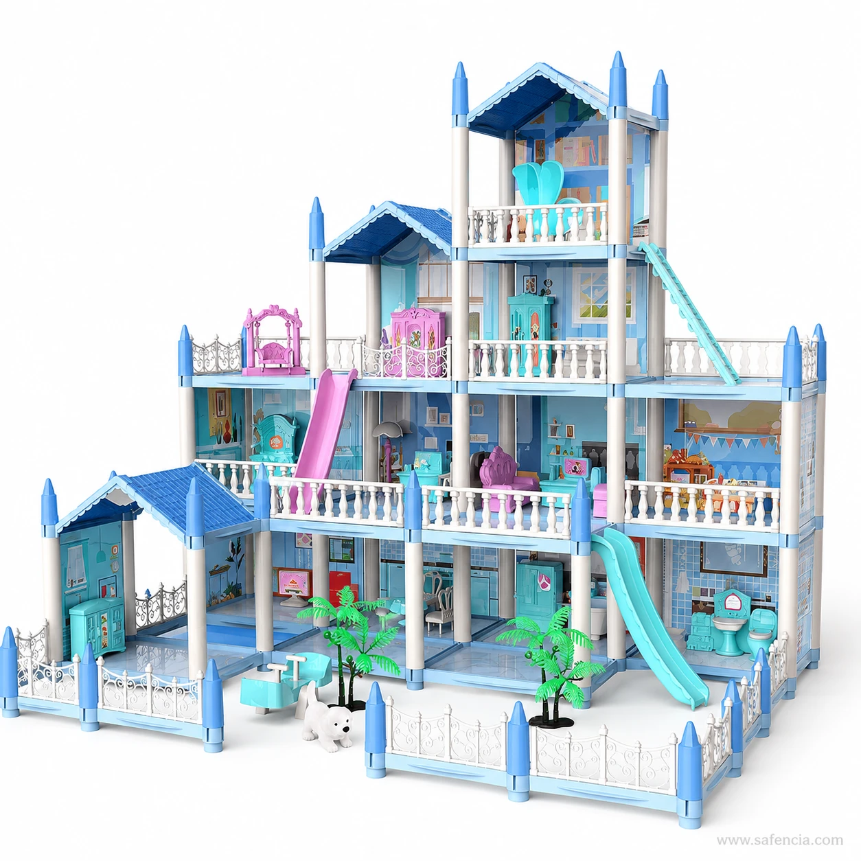 Straight-on view of the blue dollhouse villa showing the furnished bathroom, kitchen, bedroom and lounge