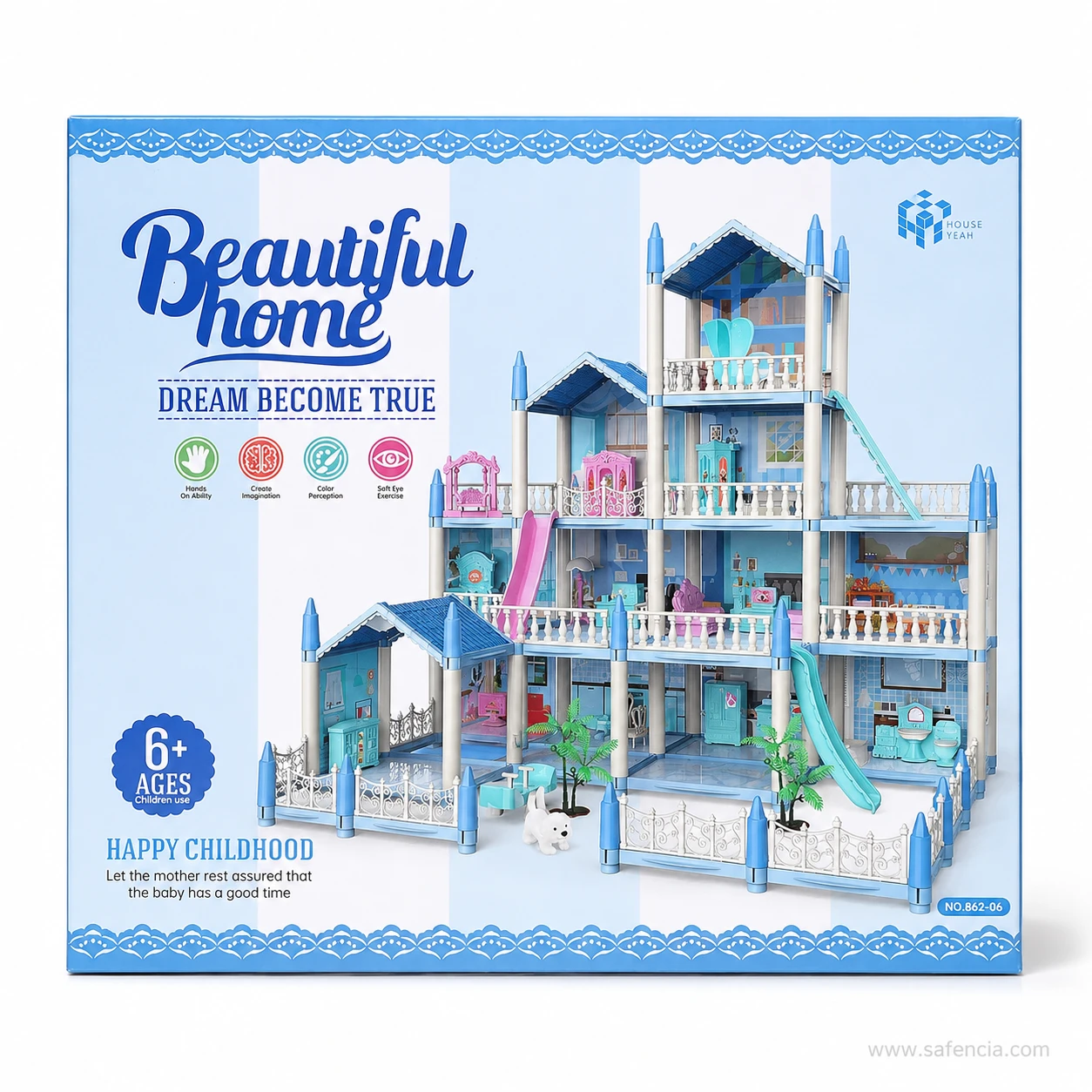 Front of the blue dollhouse villa retail box showing the printed villa artwork and 6 plus age marking