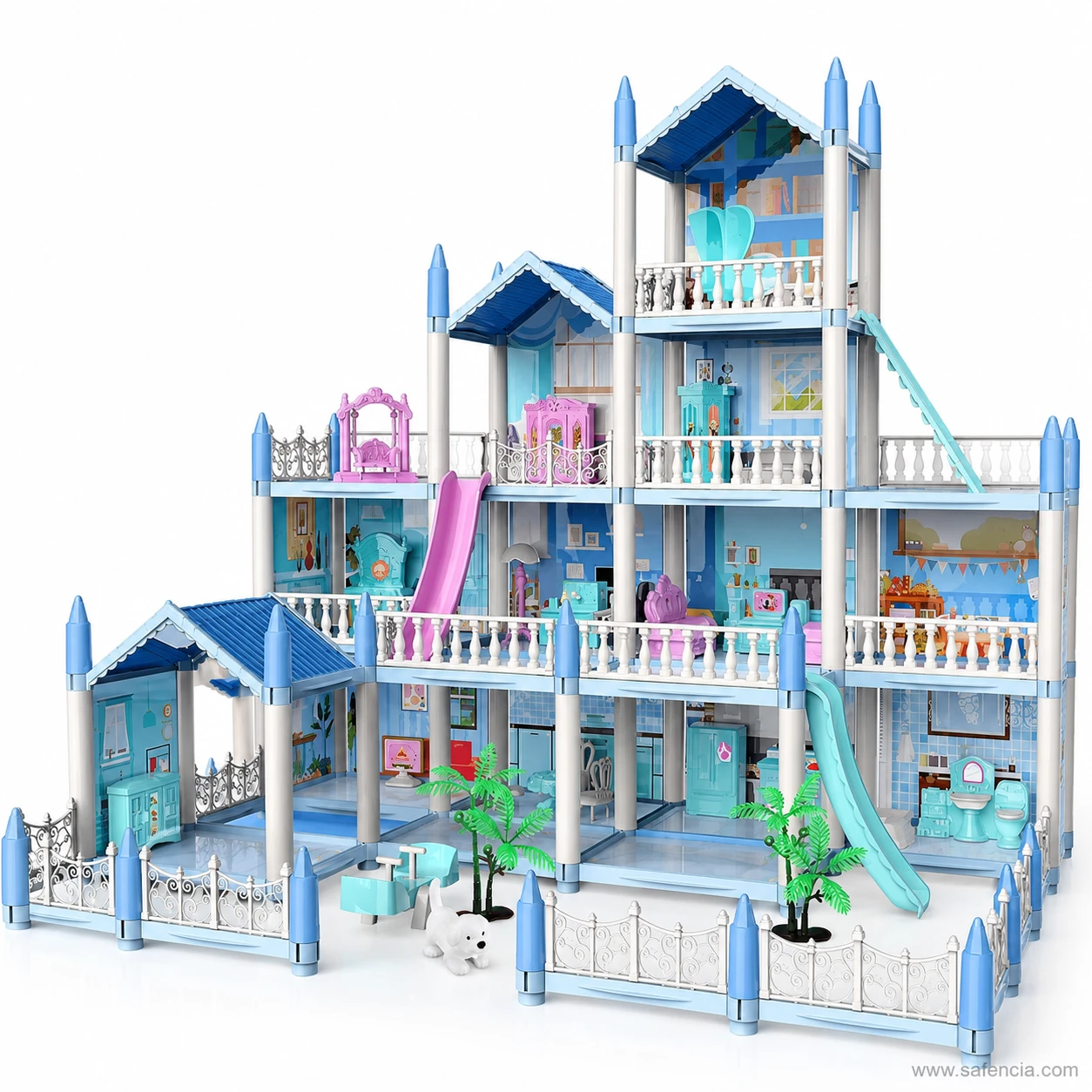 Angled view of the blue dollhouse villa showing both slides, the staircases and the balcony railings