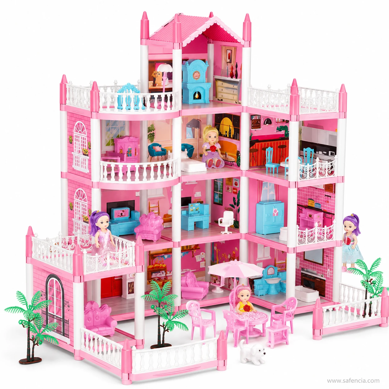 Straight-on view of the pink dollhouse villa showing the bedroom, bathroom, kitchen and lounge furniture