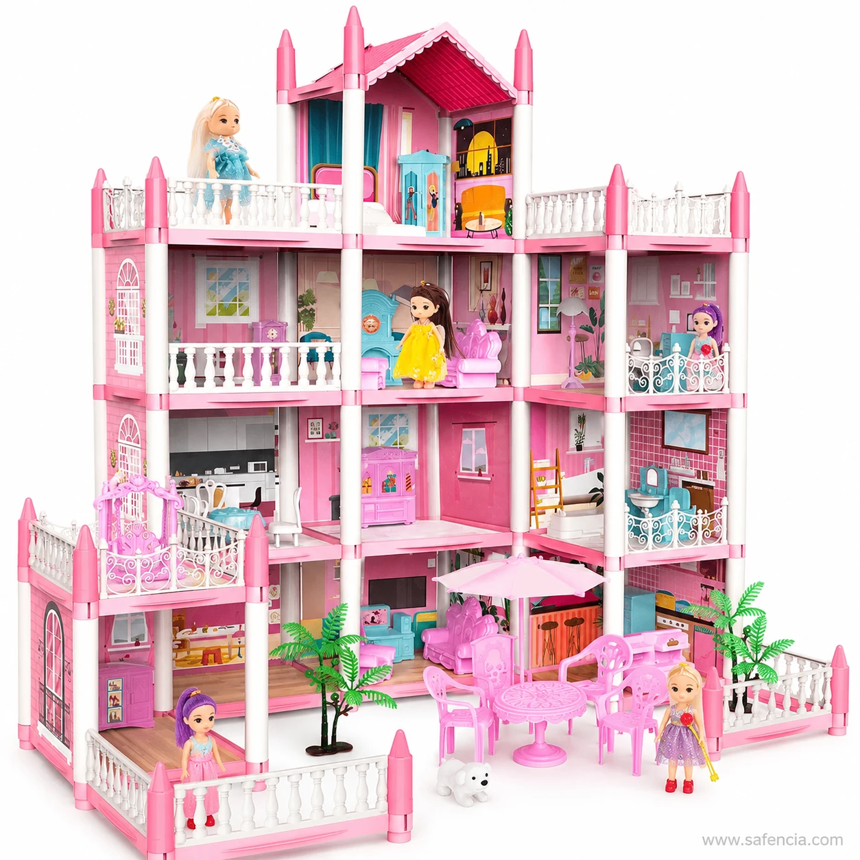 Angled view of the pink dollhouse villa terrace and fenced garden with parasol table and dog figure