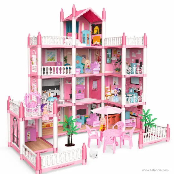 DIY Dreamy Pink Dollhouse Villa Playset with 4 Dolls and Garden
