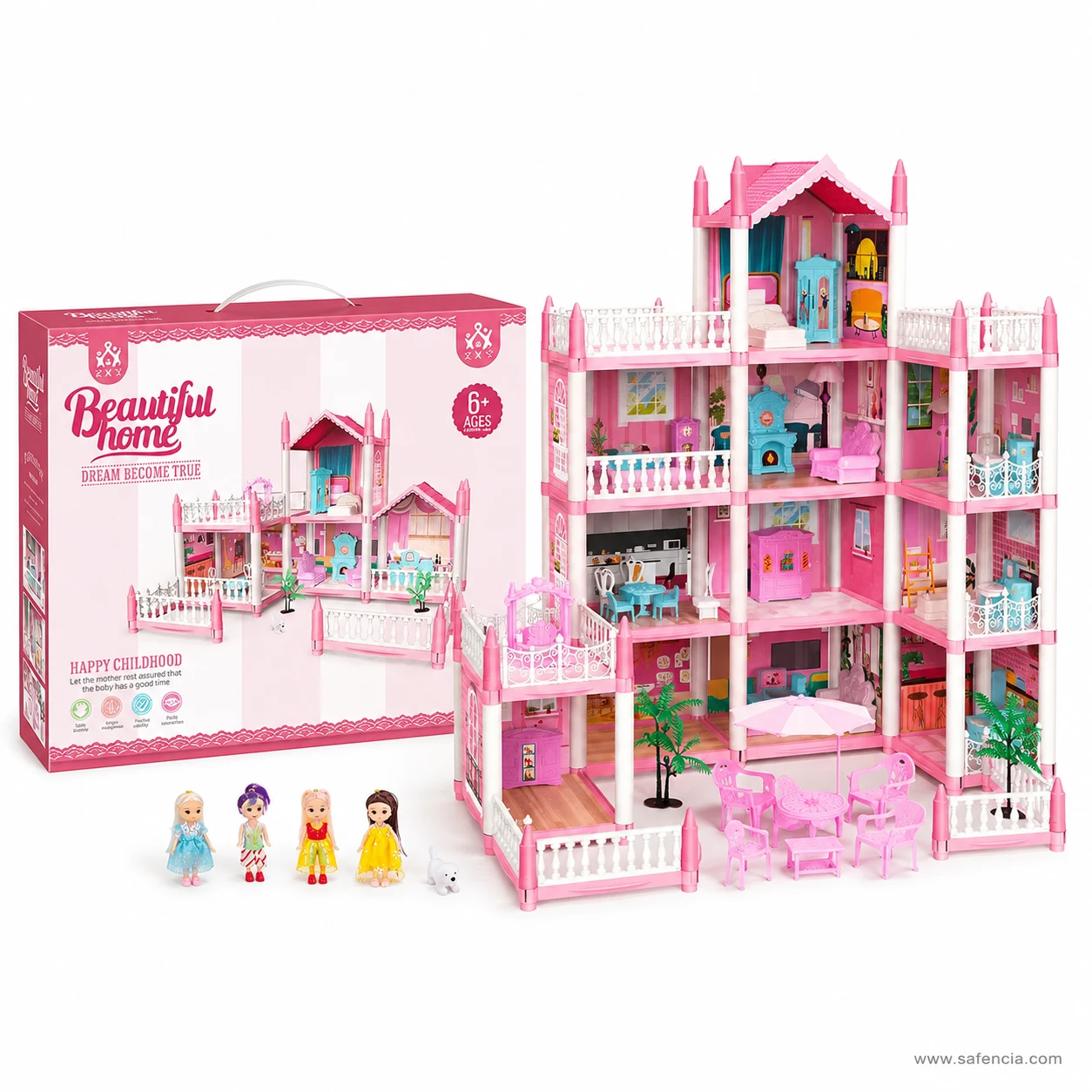 Pink dollhouse villa shown beside its box with the four included dolls lined up in front