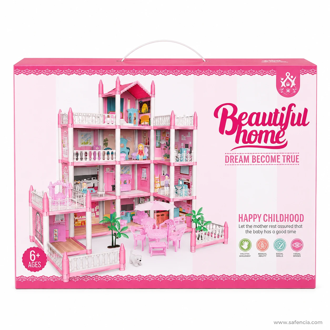 Front of the pink dollhouse villa retail box with carry handle and 6 plus age marking