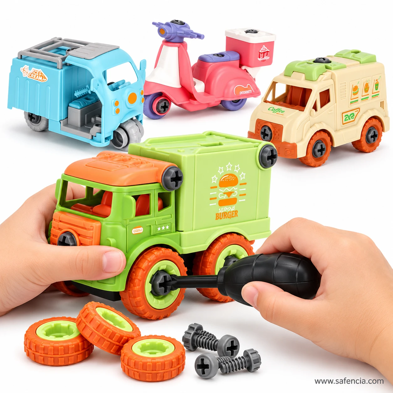 Child's hands holding the green burger truck and turning a wheel screw with the black toy screwdriver, spare wheels and screws nearby