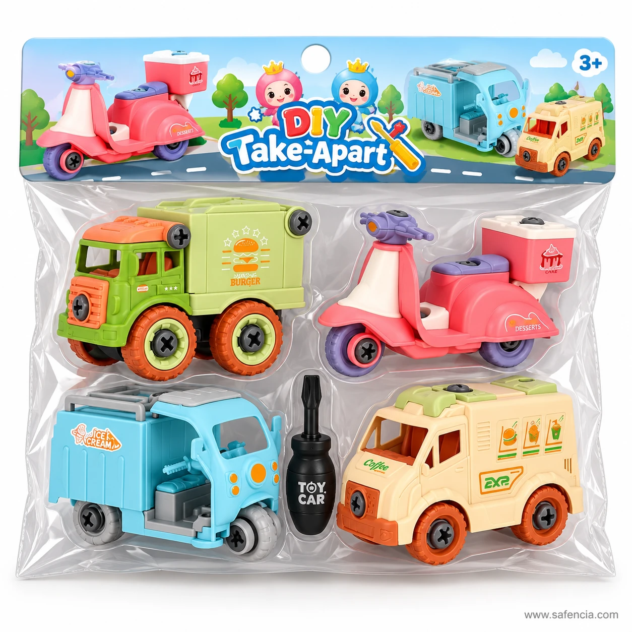 DIY Take-Apart toy cars pack marked 3+ holding a burger truck, dessert scooter, ice cream truck, coffee van and black screwdriver
