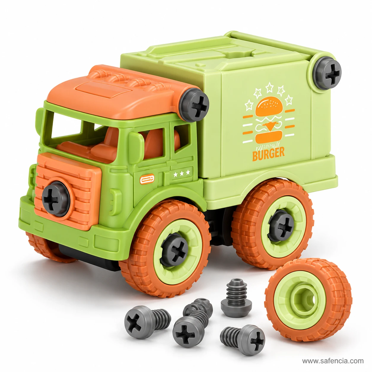 Green and orange take apart burger food truck toy with one wheel off and its grey cross-head screws on the table