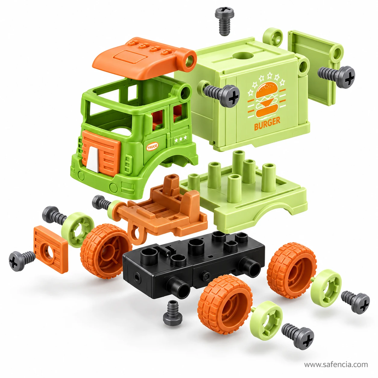 Burger truck toy shown taken apart into cab, roof, cargo box, seat, chassis, orange wheels, hubcaps and grey screws