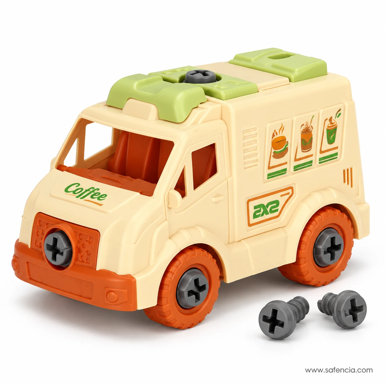 Cream take apart coffee van toy with a green roof, orange wheels, a Coffee sign on the side and two loose screws