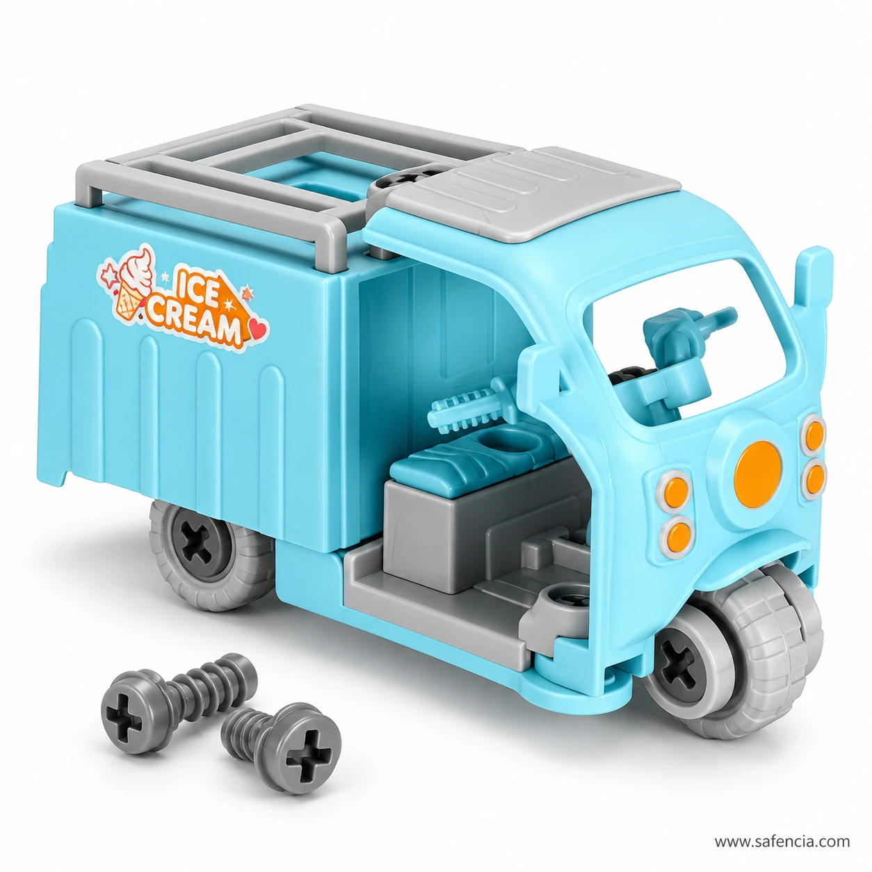 Sky-blue take apart ice cream truck toy with a grey roof rack, an ICE CREAM sign on the side and two loose screws