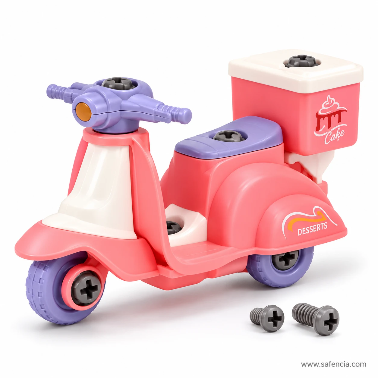 Pink take apart dessert delivery scooter toy with a purple seat and handlebar, a cake box on the back and two loose screws