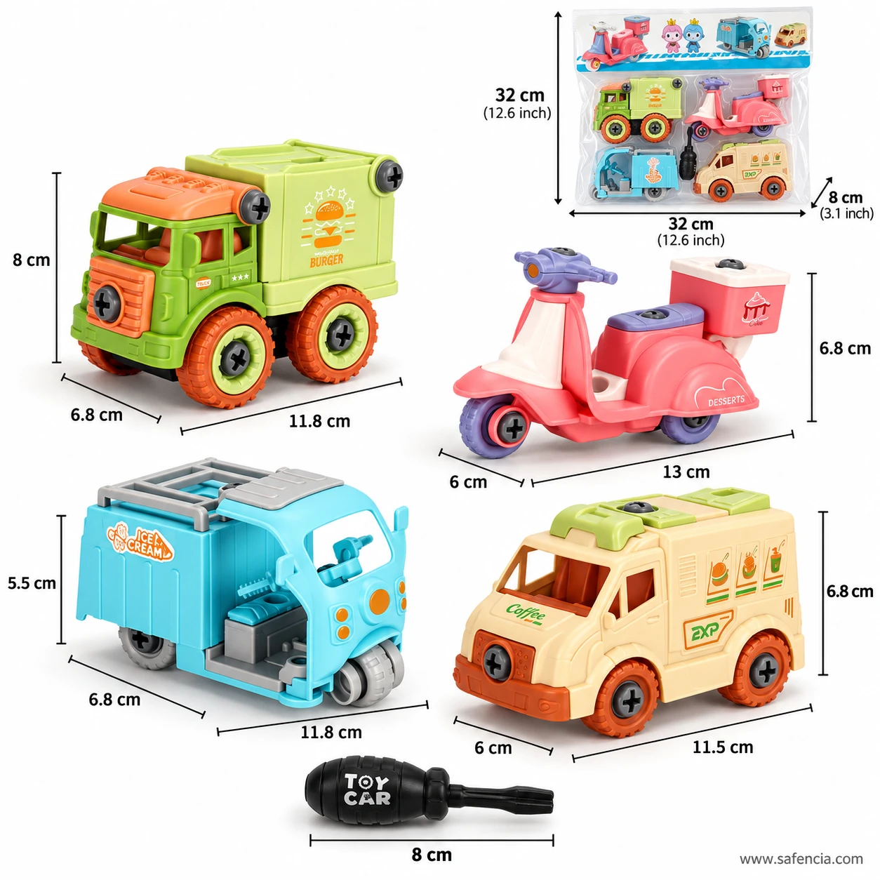 Take apart toy cars measured in cm: burger truck 11.8 cm, dessert scooter 13 cm, ice cream truck 11.8 cm and coffee van 11.5 cm long