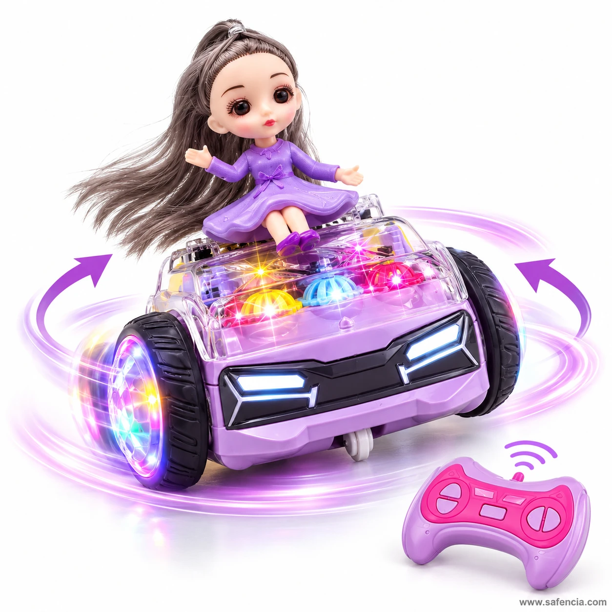 Purple remote control doll balance car spinning on the spot, with motion arrows around it and the remote sending a signal