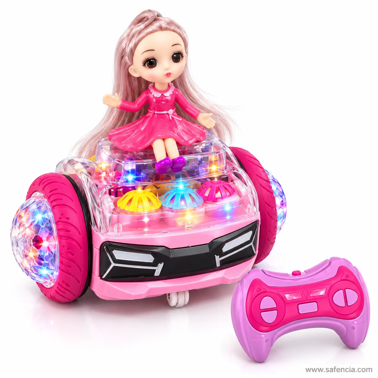 Pink doll balance car angled to show its glowing crystal-ball wheel hub and the small white support wheel underneath