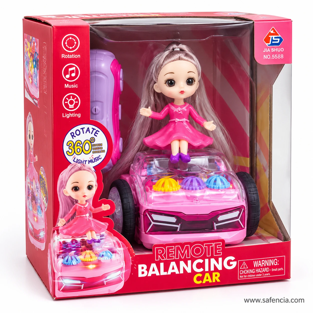 Pink doll balance car packed in the red Remote Balancing Car window box with the remote control standing beside the doll